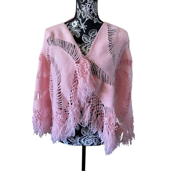 Handmade Knit Lace Sweater Wrap Fringe Scarf Shawl Winter Poncho Spring - Picture 1 of 9